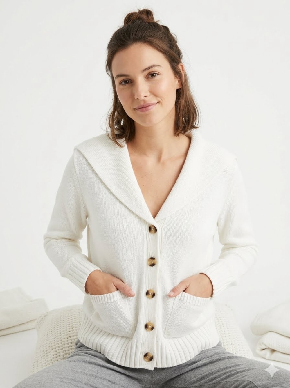 Joke Ivory Shawl Collar Knit Cardigan w/Tortoise Buttons 100% Cotton